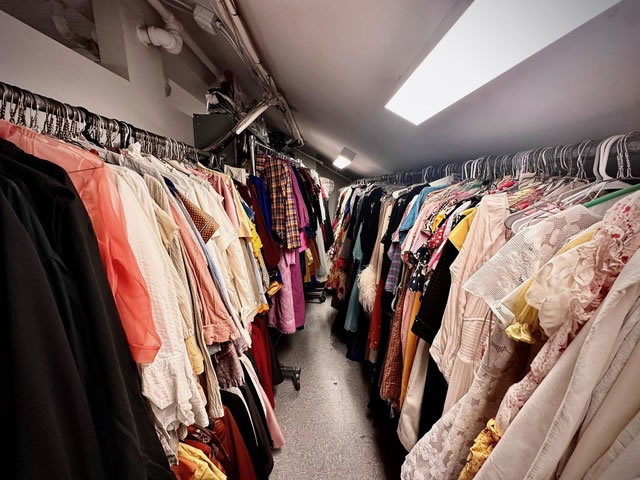 A photo showing part of the storage space for costumes in the Costume Department at 1726 Locust Street 