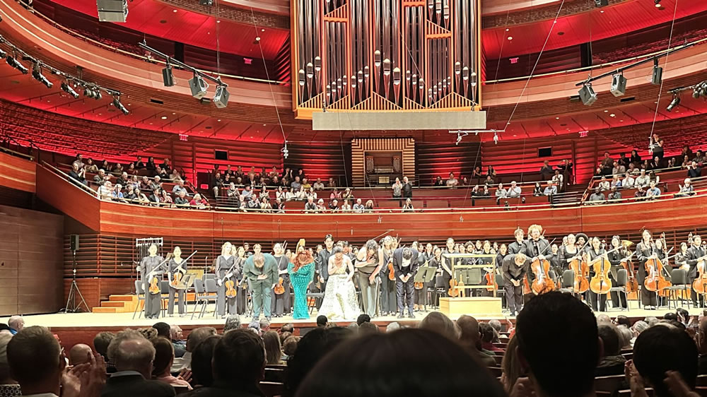 The Orchestra, vocalists and Yannick Nézet-Séguin bow after performing works by Alma and Gustav Mahler